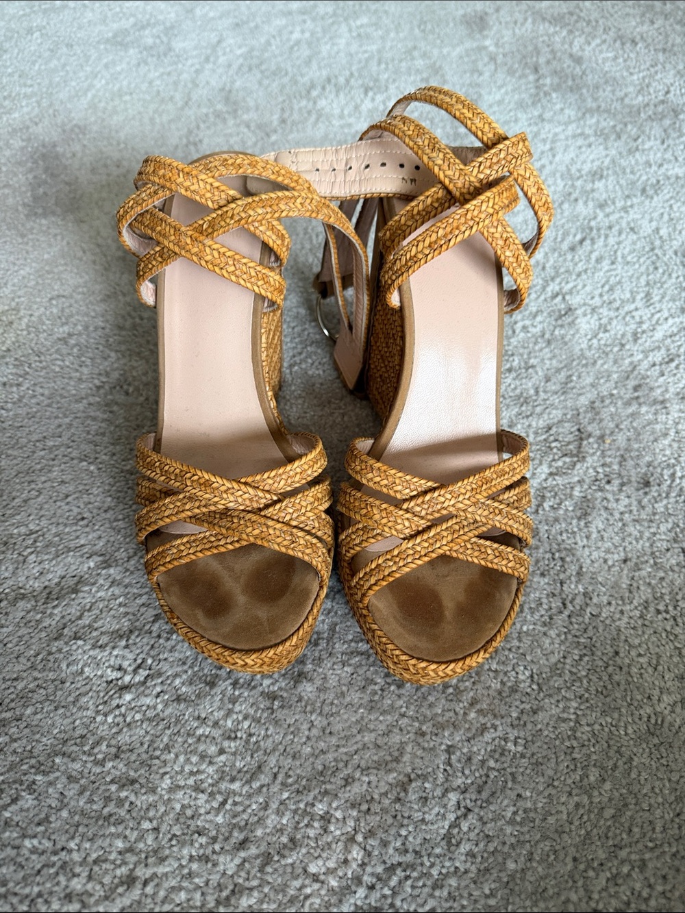 Stuart Weitzman Braided Wedge Sandals in Mustard Yellow